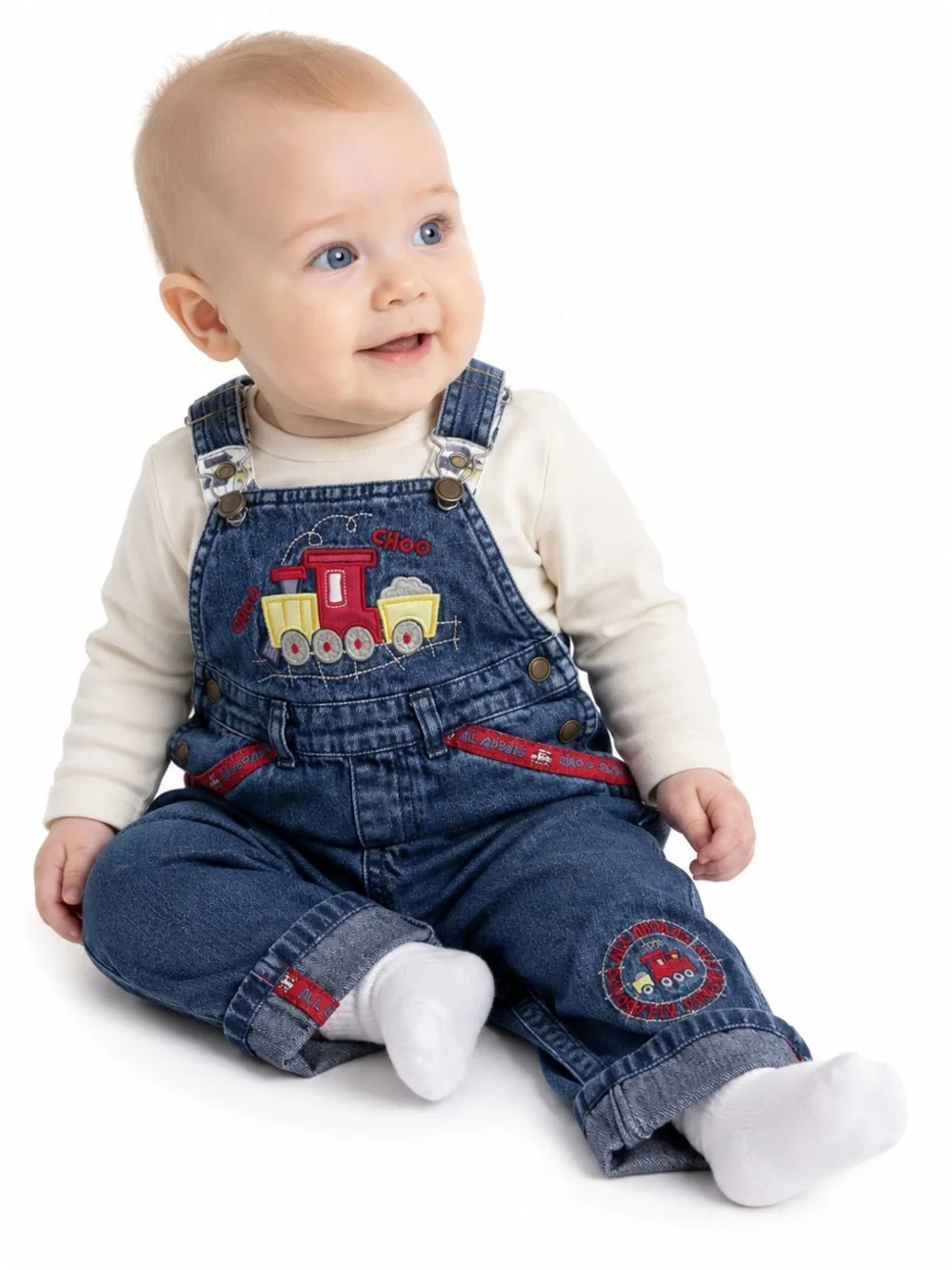 Vintage Y2K Koala Baby 3-6M Denim Train Overalls Embroidered Halloween Costume